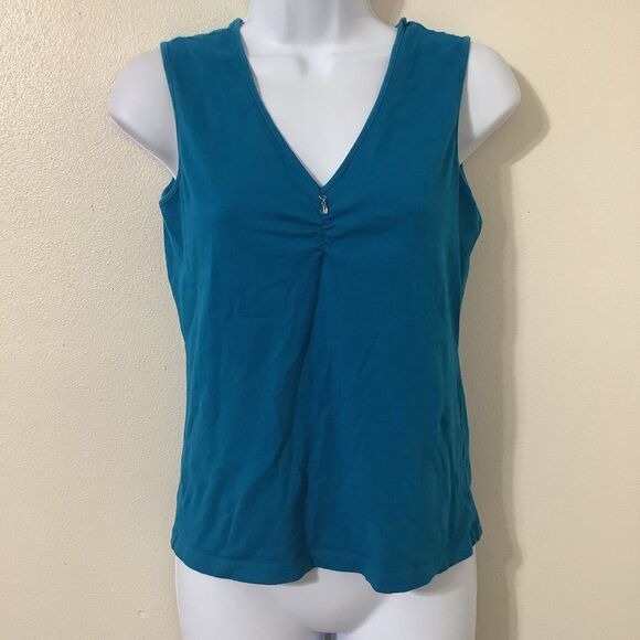 Liz Claiborne Vintage Y2K Teal Beachy Bead Detail Mermaid V Neck Top Medium - Picture 1 of 9